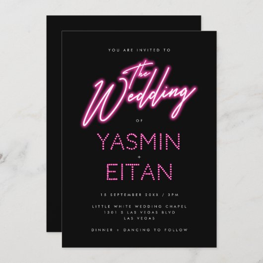 Invitation Lumières Neon moderne Mariage noir rose chaud (Devant / Derrière)