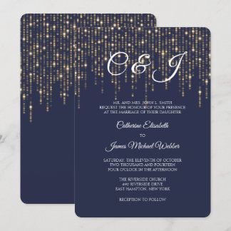 Invitation Lumières Or, Bleu Minuit, Mariage Élégant