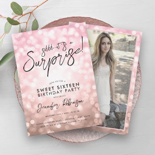 Invitation Lumières or Rose moderne Photo Surprise Sweet 16