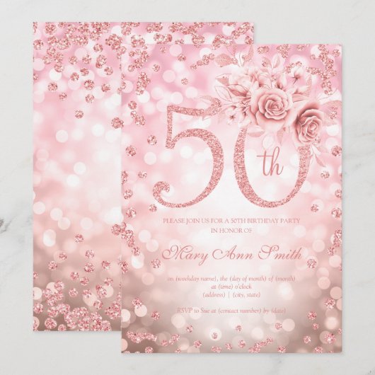 Invitation Lumières rose Gold Floral 50e Anniversaire (Devant / Derrière)