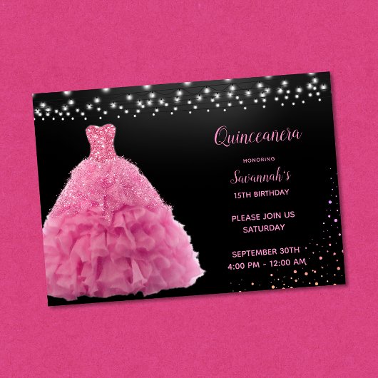 Invitation Lumières rose princesse Quinceanera noire