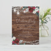 Invitation Lumières rustiques Bourgogne Floral Neige Noël (Debout devant)