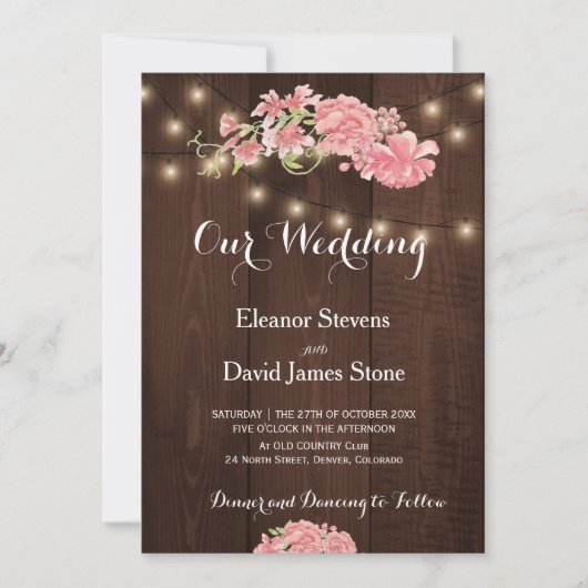 Invitation Lumières rustiques chic peony peonn grange mariage (Devant)