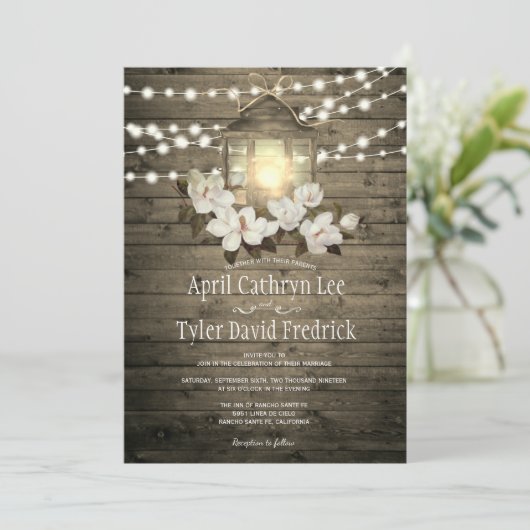 Invitation Lumières rustiques en bois Magnolia Mariage (Debout devant)