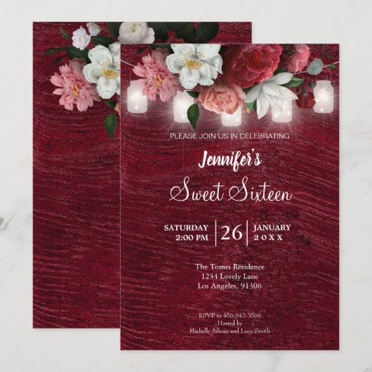 Invitation Lumières Rustiques Floral Sweet 16 Anniversaire In (Devant / Derrière)