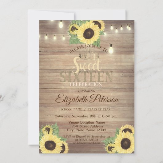 Invitation Lumières rustiques, Tiara, Sunflowers Sweet 16 Par (Devant)