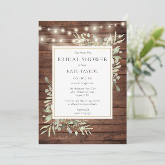 Invitation Lumières rustiques Verdure QR Code Fête des mariée (Debout devant)