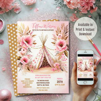 Invitation Lumières scintillantes florales roses bohèmes pour
