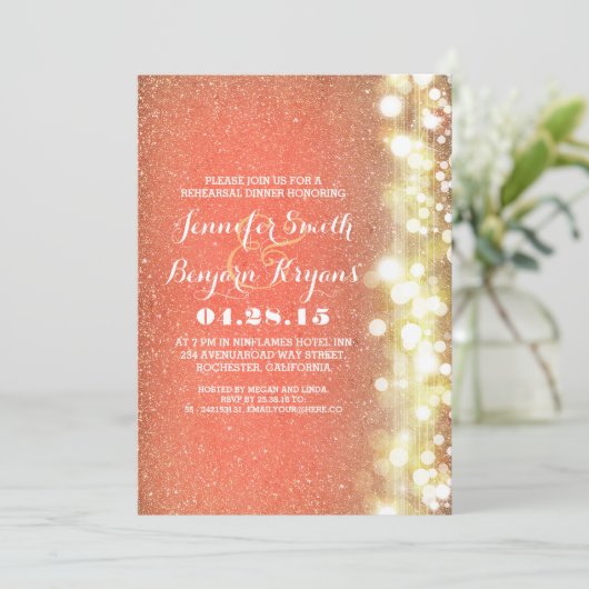 Invitation lumières scintillantes rose et or pour dîner de ré (Debout devant)