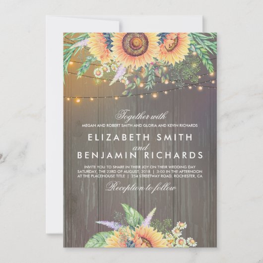 Invitation Lumières tournesol et cordes Mariage de bois rusti (Devant)