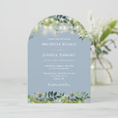 Invitation Lumières vertes Monogramme Dusty Mariage bleu (Debout devant)