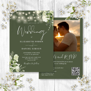Invitation Lumières vertes QR Code Photo Olive Green Mariage