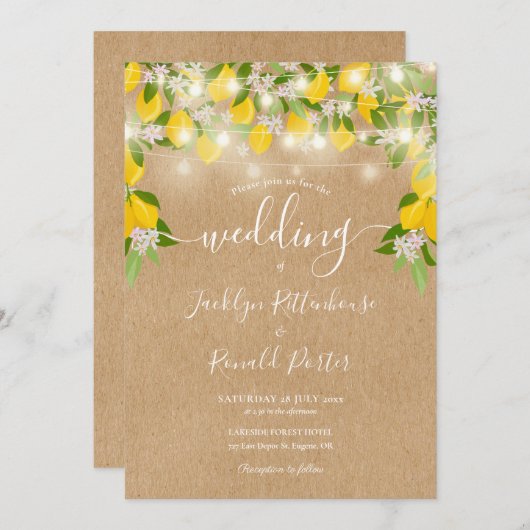 Invitation Luminaires à cordes citrons Mariage Kraft rustique (Devant / Derrière)