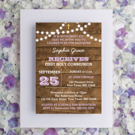 Invitation Luminaires en bois d'écorce Lilac Première communi