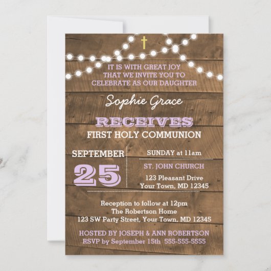 Invitation Luminaires en bois d'écorce Lilac Première communi (Devant)