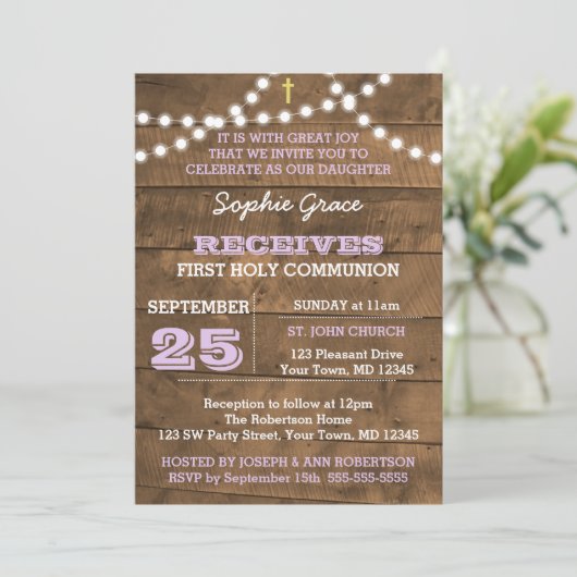 Invitation Luminaires en bois d'écorce Lilac Première communi (Debout devant)