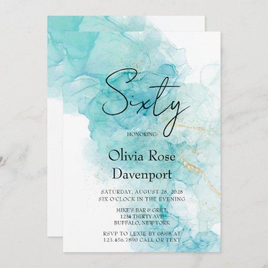 Invitation Lumineuse Turquoise et d'encre d'alcool d'or 60e f (Devant / Derrière)