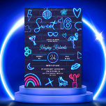 Invitation Luminosité laser néon des années 80 rétro Sweet 16<br><div class="desc">Un laser rétro cool et tendance des années 80 brillant de néon Sweet 16 sur mur de briques bleu marine avec illustration néon électrique signe de flamingo, lunettes de soleil, baiser, ananas, arc-en-ciel, coeurs, fleurs. lune, patins à rouleaux, boule disco et plus encore. Parfait pour la lueur dans l'obscurité, arcade...</div>