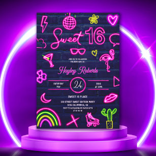Invitation Luminosité laser néon des années 80 rétro Sweet 16