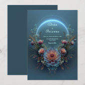 Invitation Luminous Blue Halo Midnight Teal Bloom Wedding (Devant / Derrière)