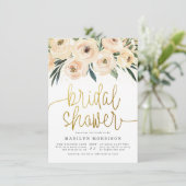Invitation Lunch de mariage écriture dorée fleurs crème et bl (Debout devant)