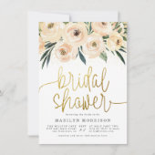 Invitation Lunch de mariage écriture dorée fleurs crème et bl (Devant)