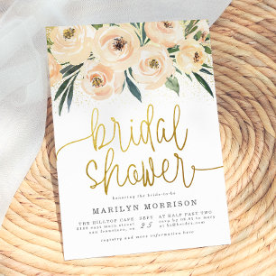 Invitation Lunch de mariage écriture dorée fleurs crème et bl