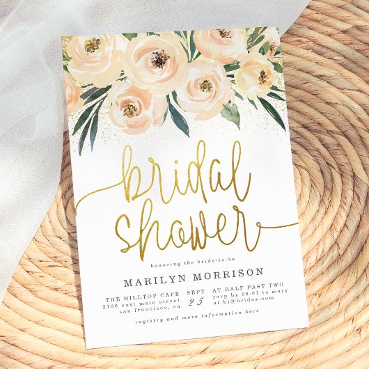 Invitation Lunch de mariage écriture dorée fleurs crème et bl