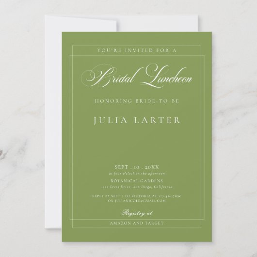 Invitation Luncheon de mariage calligraphié vert ivoire class (Devant)