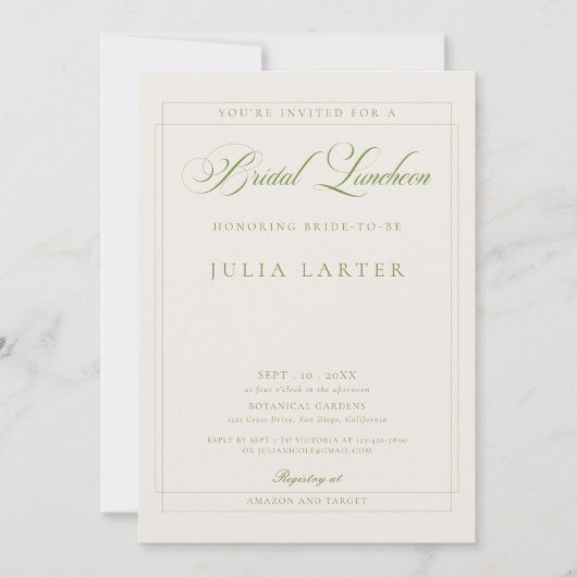 Invitation Luncheon de mariage calligraphié vert ivoire class (Devant)