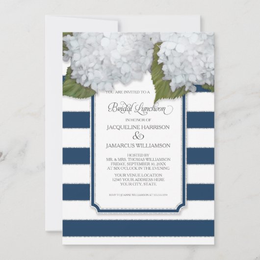 Invitation Luncheon de mariage Hydrangea blanc Rayure bleu ma (Devant)