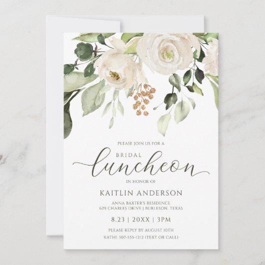 Invitation Luncheon de Noces Fleurs et Feuillage Blanc (Devant)