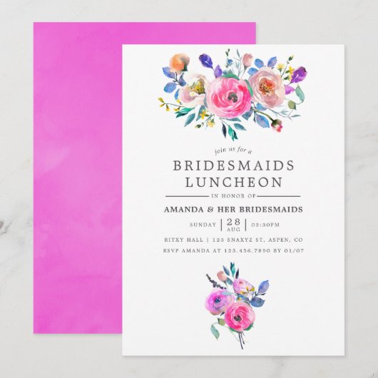 Invitation Luncheon d'Eau Rose Chaud Floral Bridesmaids (Devant / Derrière)