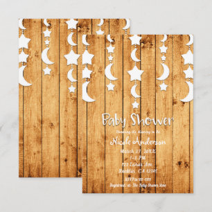 Invitation Lune blanche et étoiles Baby shower en bois de chê