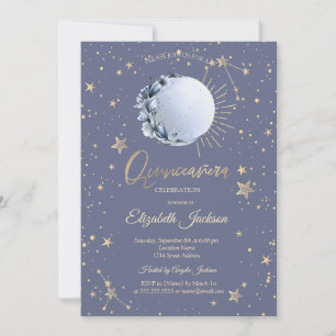 Invitation Lune Bleue, Étoiles Fleur Pastel Quinceanera