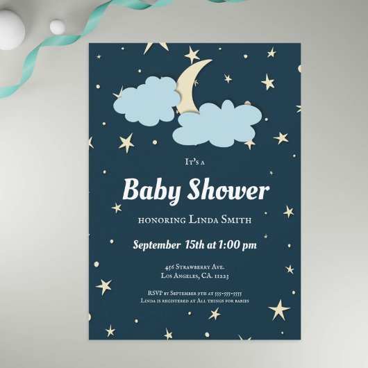Invitation Lune Bleue Foncé & Étoiles Élégant Baby shower Neu