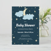 Invitation Lune Bleue Foncé & Étoiles Élégant Baby shower Neu (Debout devant)