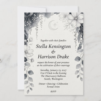 Invitation Lune céleste, Cosmos noir et blanc, Eucalyptus