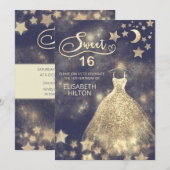Invitation Lune céleste et étoiles calligraphie sweet sixteen (Devant / Derrière)