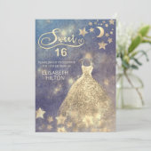 Invitation Lune céleste et étoiles calligraphie sweet sixteen (Debout devant)