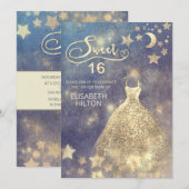 Invitation Lune céleste et étoiles calligraphie sweet sixteen (Devant / Derrière)