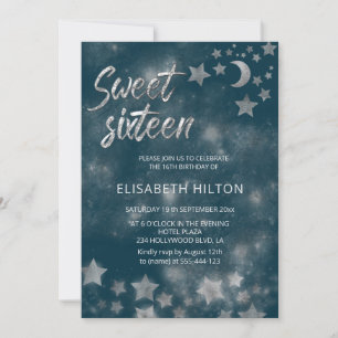 Invitation Lune céleste et étoiles calligraphie sweet sixteen