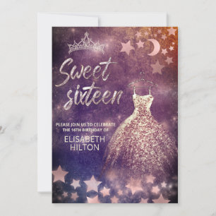 Invitation Lune céleste et étoiles calligraphie sweet sixteen