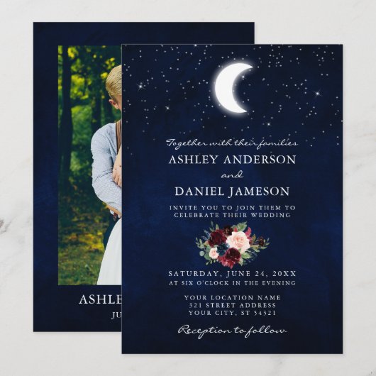 Invitation Lune céleste et étoiles Floral Photo Mariage (Devant / Derrière)