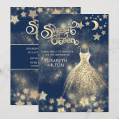 Invitation Lune céleste et étoiles typographie sweet sixteen (Devant / Derrière)