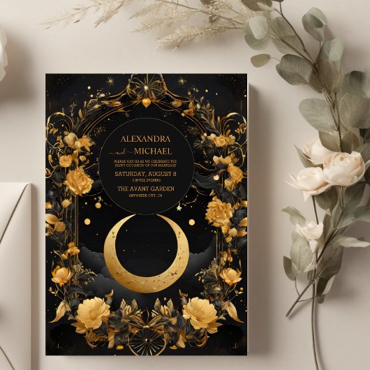 Invitation Lune céleste & Étoiles Faux Gold Mariage