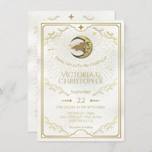 Invitation Lune céleste & Étoiles Faux Gold Mariage