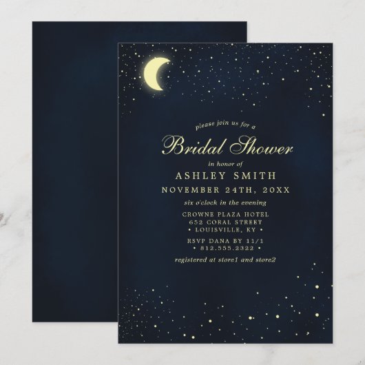 Invitation Lune Céleste Étoiles Nuit Bleue Mariage (Devant / Derrière)
