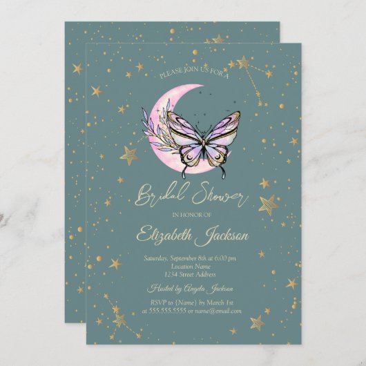 Invitation Lune céleste, Étoiles papillon Fête des mariées ve (Devant / Derrière)