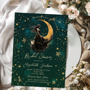 Invitation Lune Céleste, Fille Étoiles Lavage de Mariée Vert